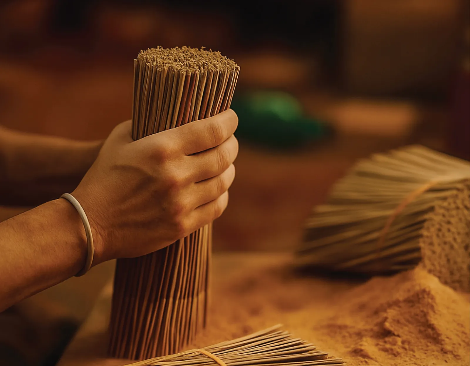Hand holding a bundle of freshly rolled incense sticks