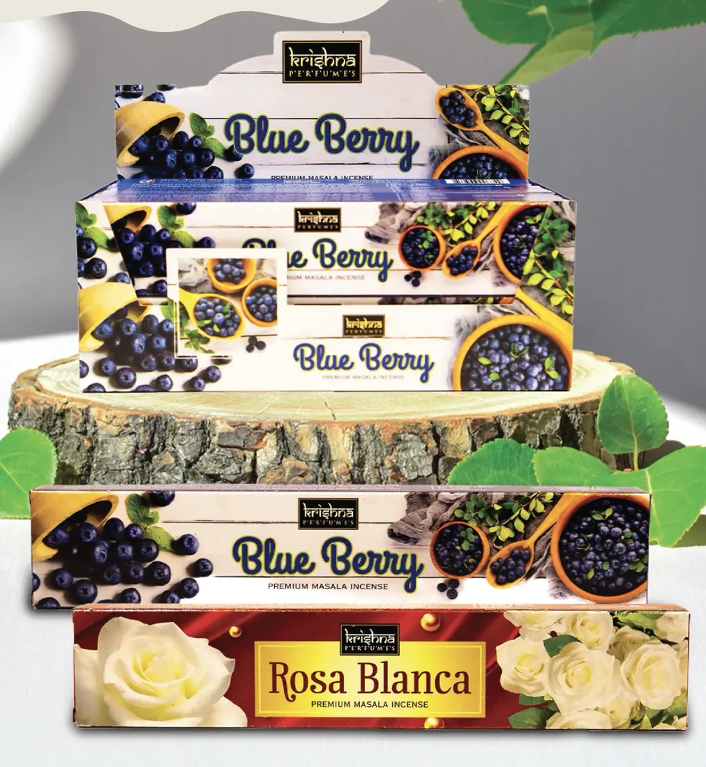 Krishna Perfumes Premium Masala Incense display packaging